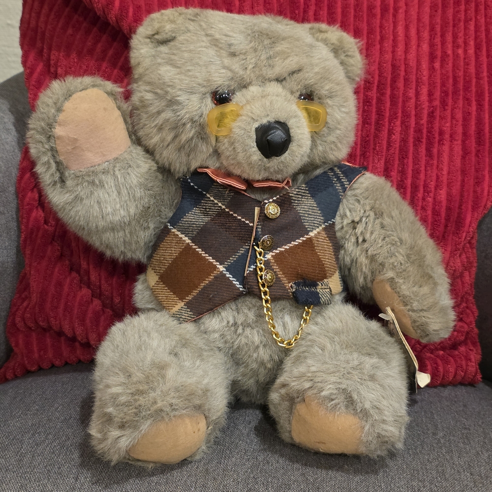 Gray Teddy Bear with Plaid Vest